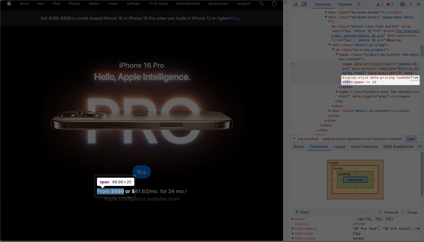 Έλεγχος των ιδιοτήτων μιας οθόνης στο Chrome σε Mac.