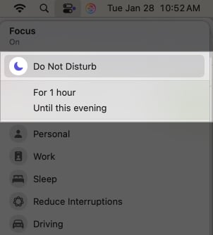 Enabling Do Not Disturb mode from Control Center on Mac