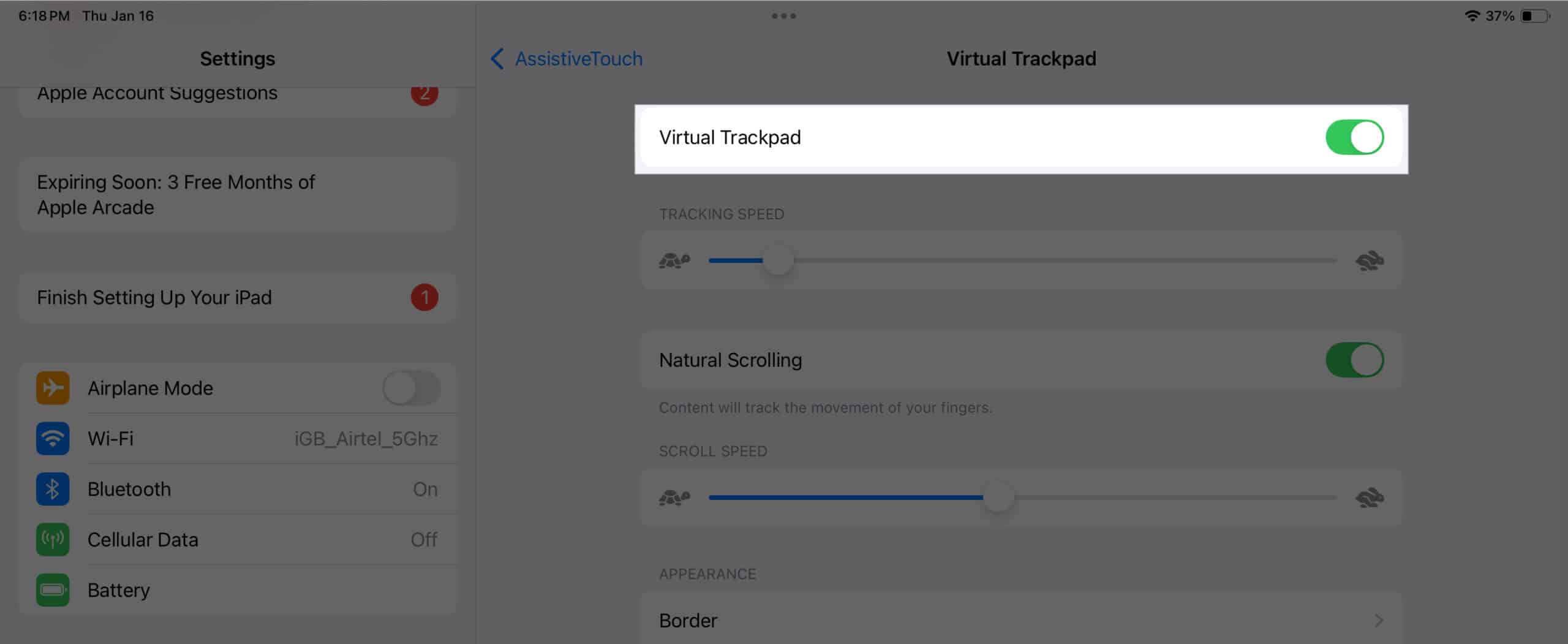 Povolení virtuálního trackpadu na iPadu