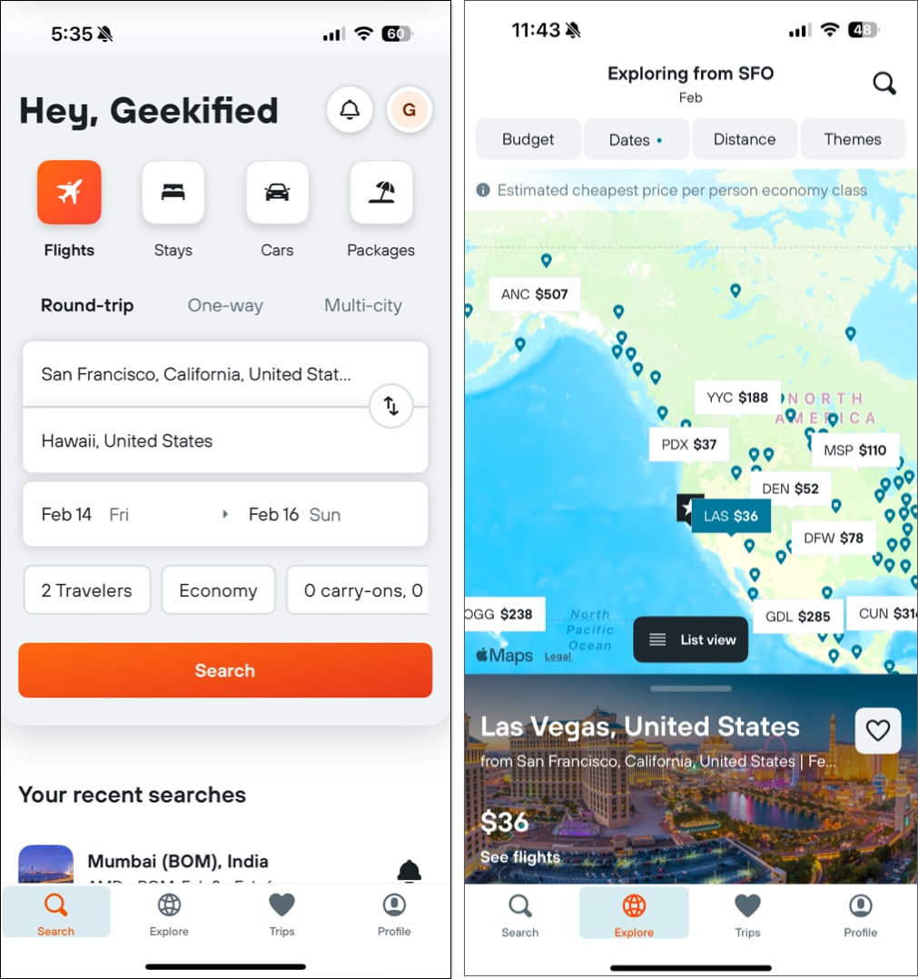 KAYAK Flights Hotels  Cars app for iPhones