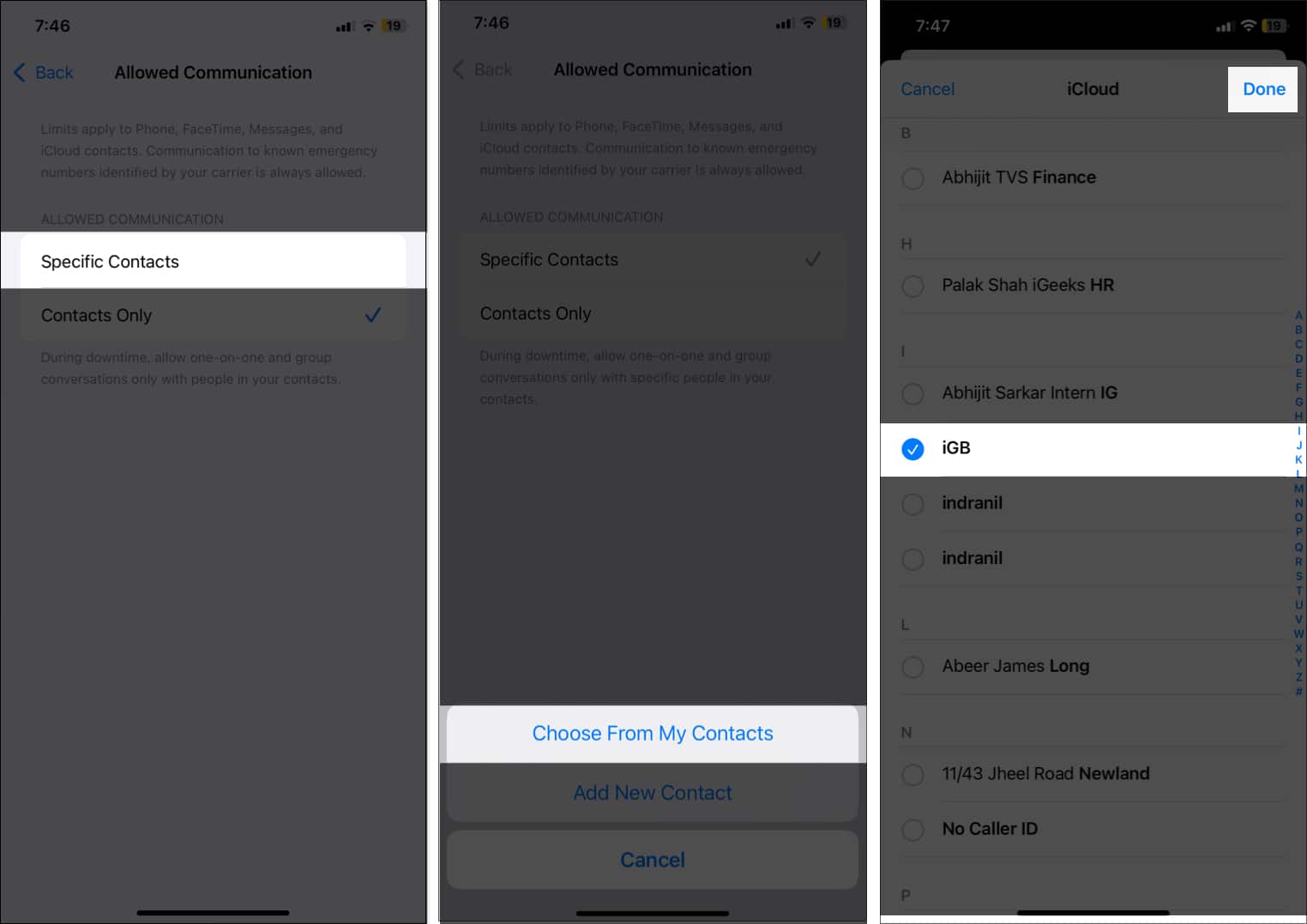 managing contacts using screen time on iPhone