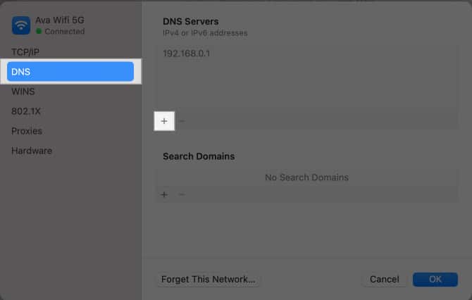 Navigating to DNS tab in WiFi settings page