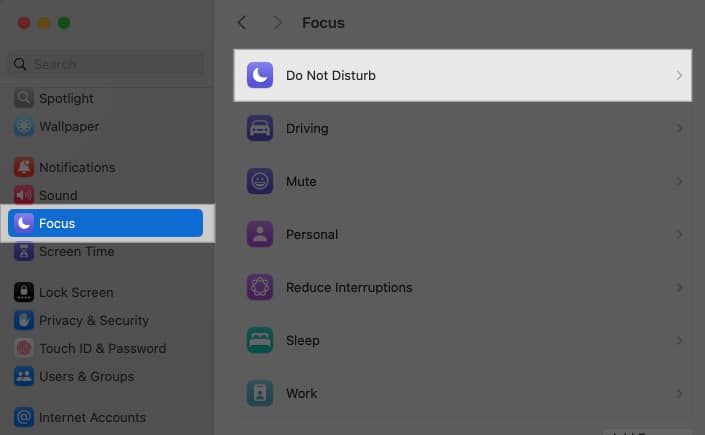 Navigating to Do Not Disturb from Focus settings on MacBook