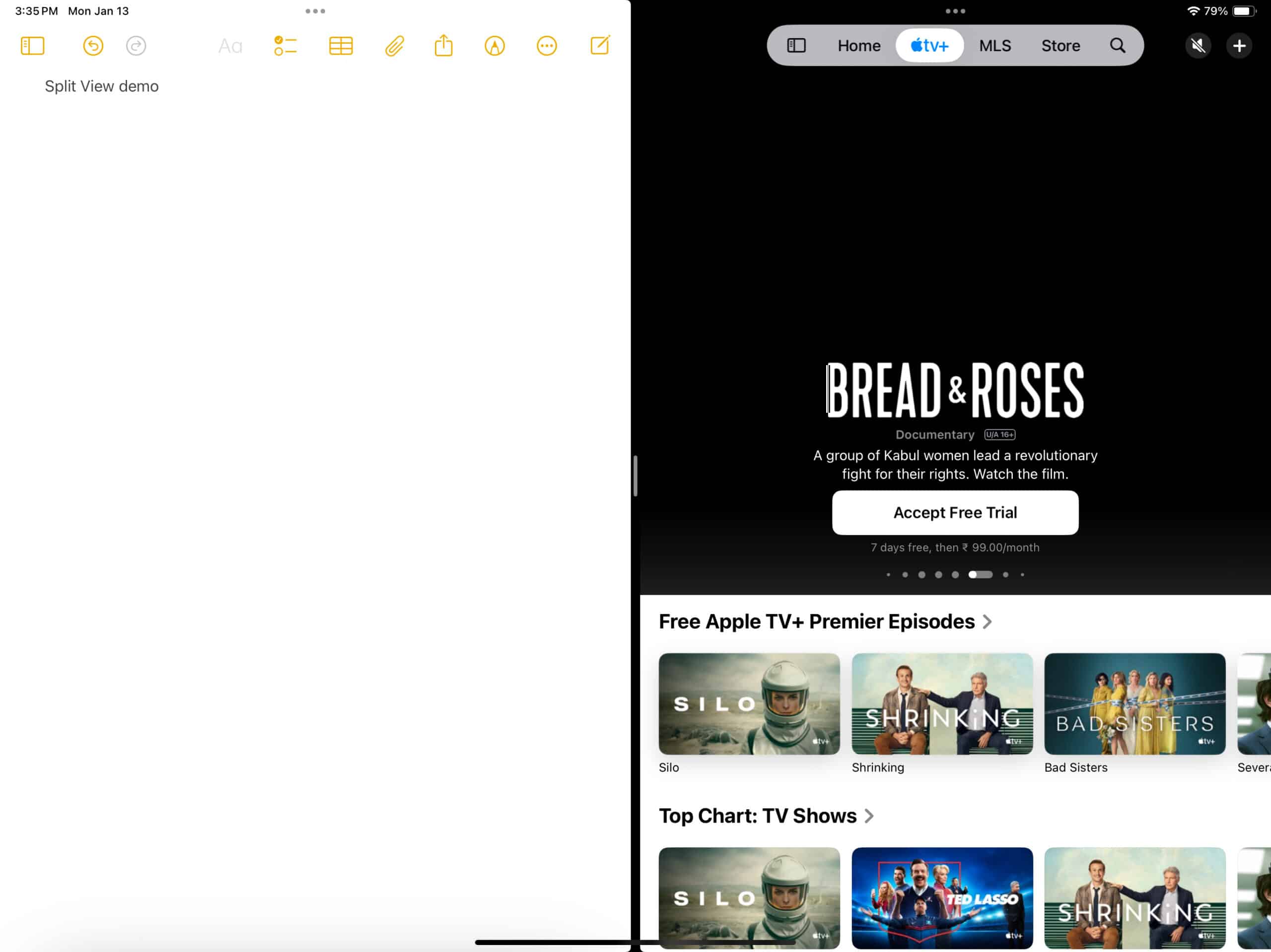 Notes app and Apple TV app in the Split View mode on an iPad