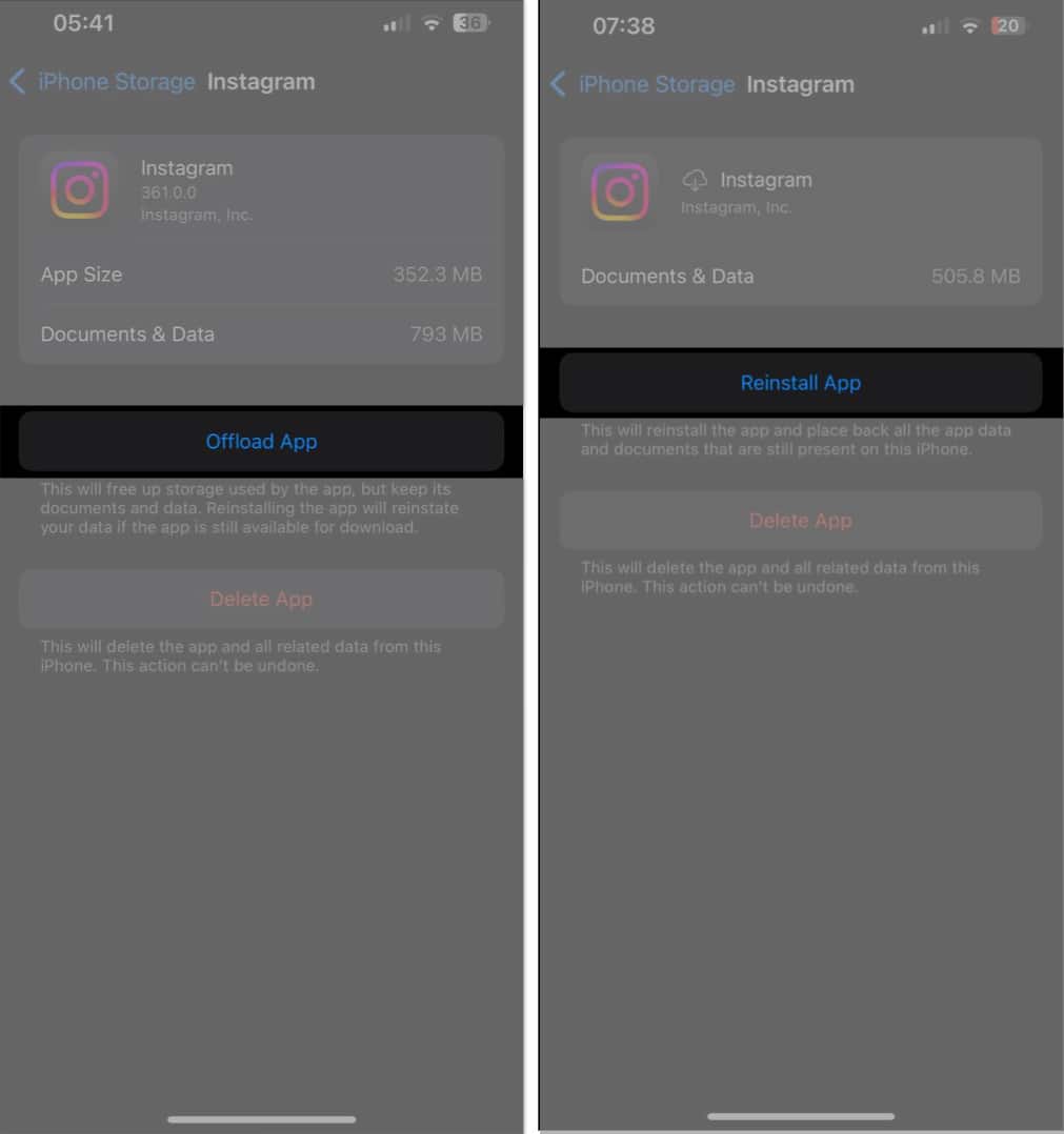 Offloading and reinstalling the Instagram app on an iPhone