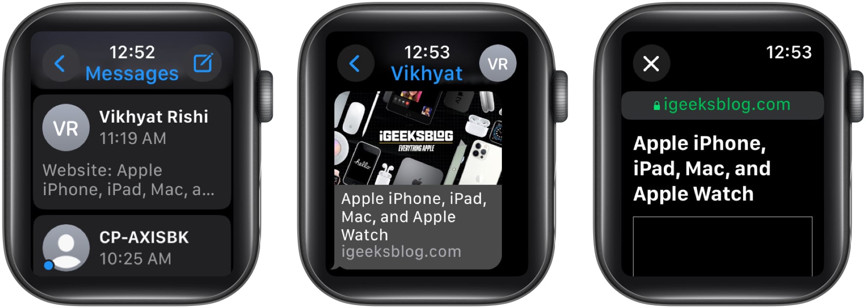 Opening a website link in the Messages app on an Apple Watch