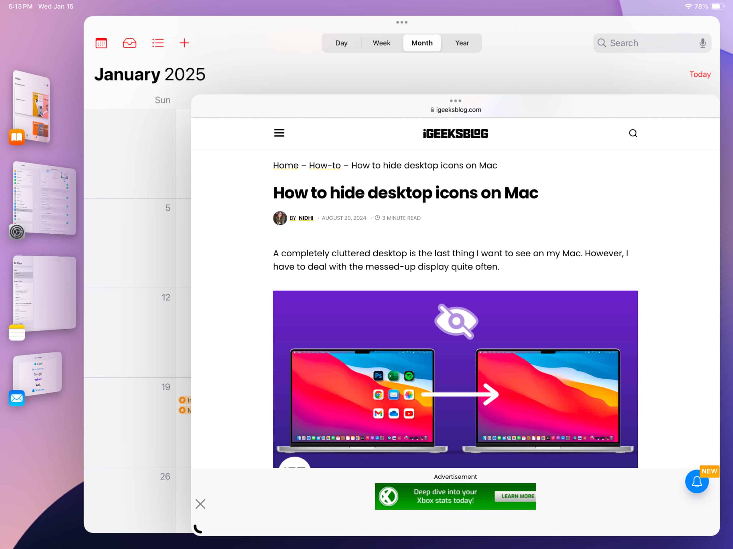 Safari and Calendar app grouped together using Stage manager on an iPad