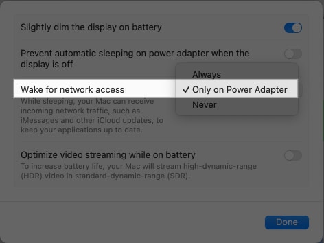 Select Only on Power adapter option from the dropdown menu