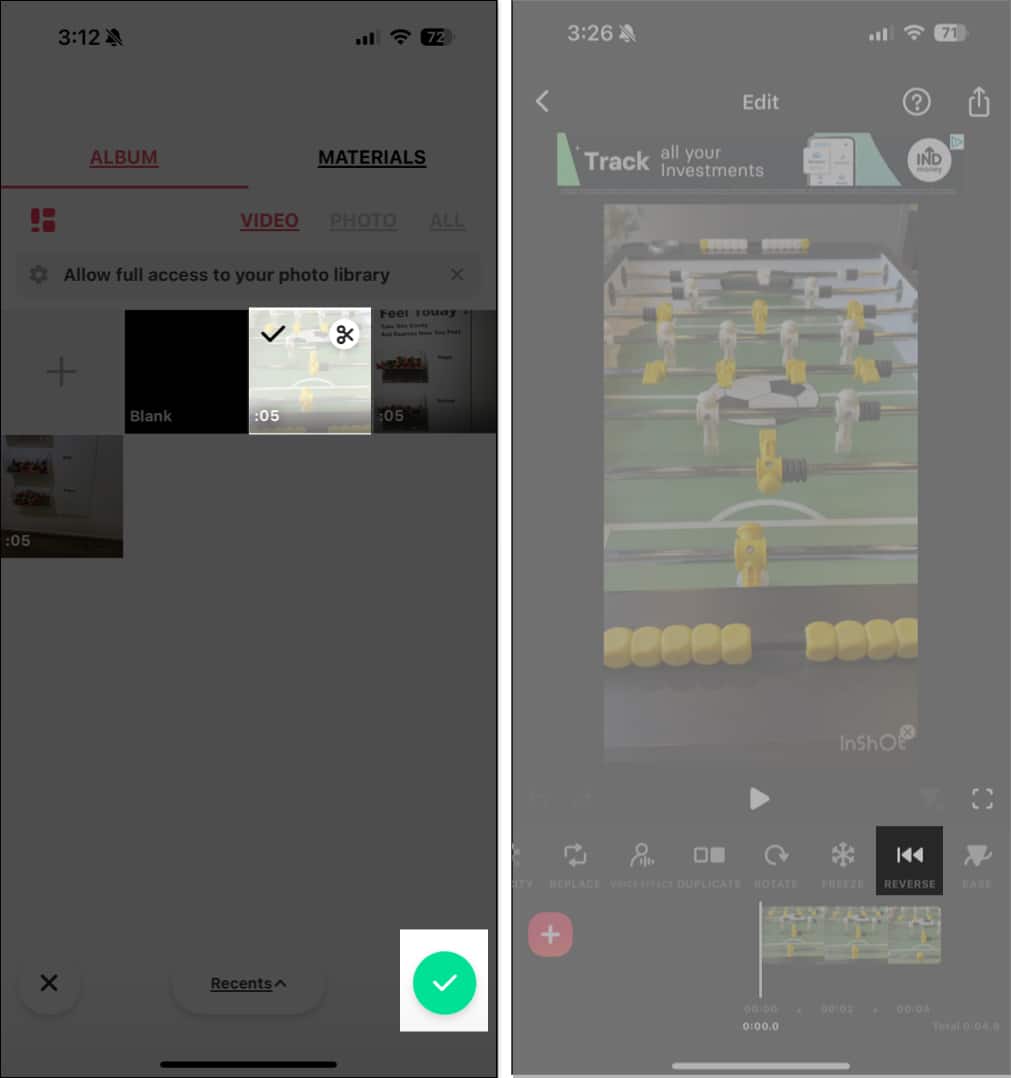 Selecting a video and using the Reverse button to reverse it in the Inshot app