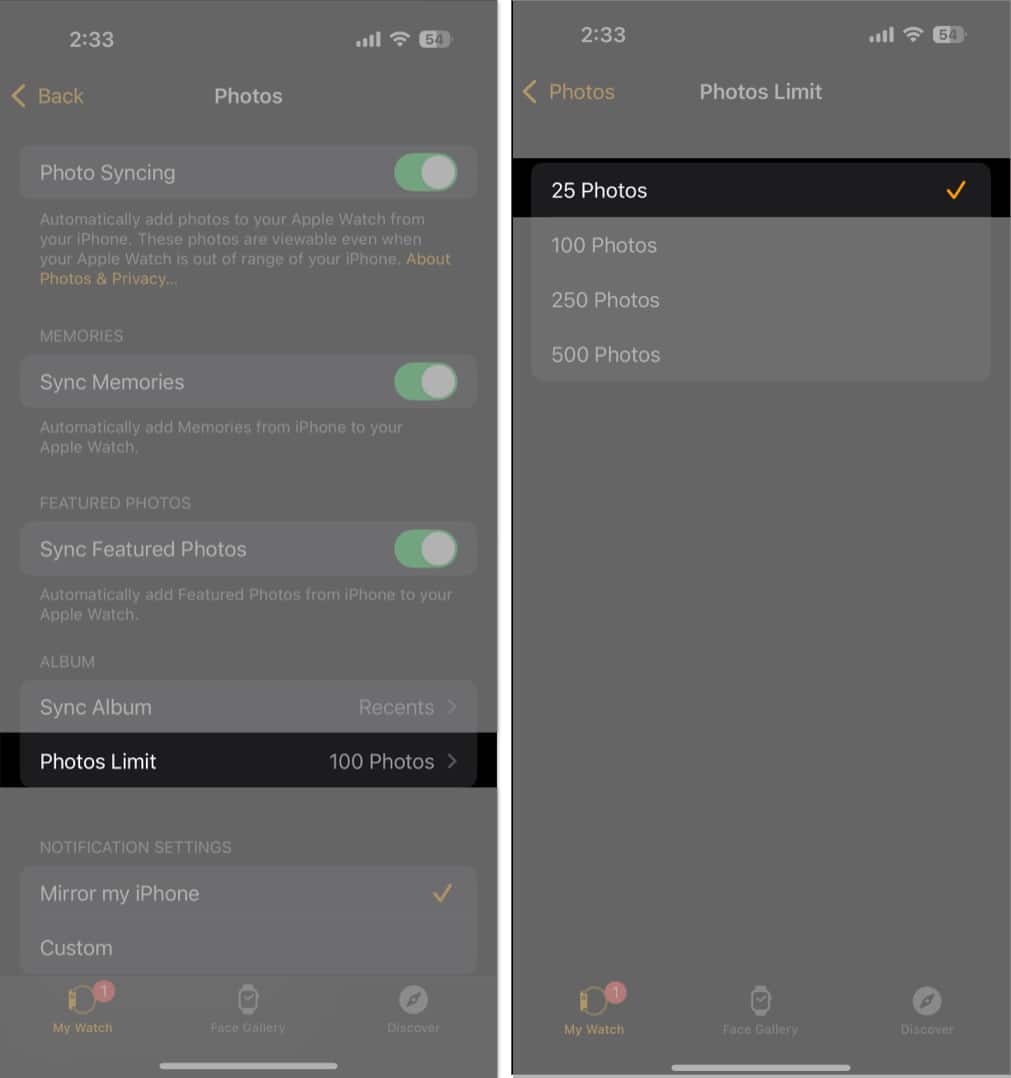 Ställa in fotobegränsning till 25 foton i Watch -appen