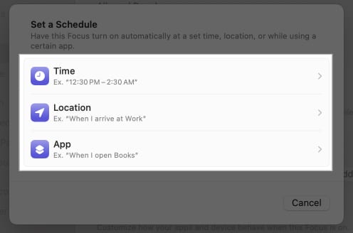 Setting schedule for Do Not Disturb mode in Mac by choosing Time Location and App