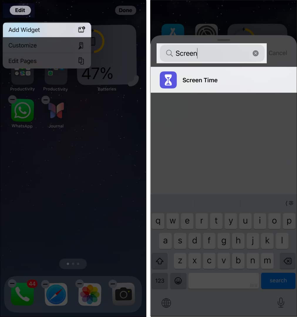 Tap on Add Widget and search for Screen Time widget on iPhone