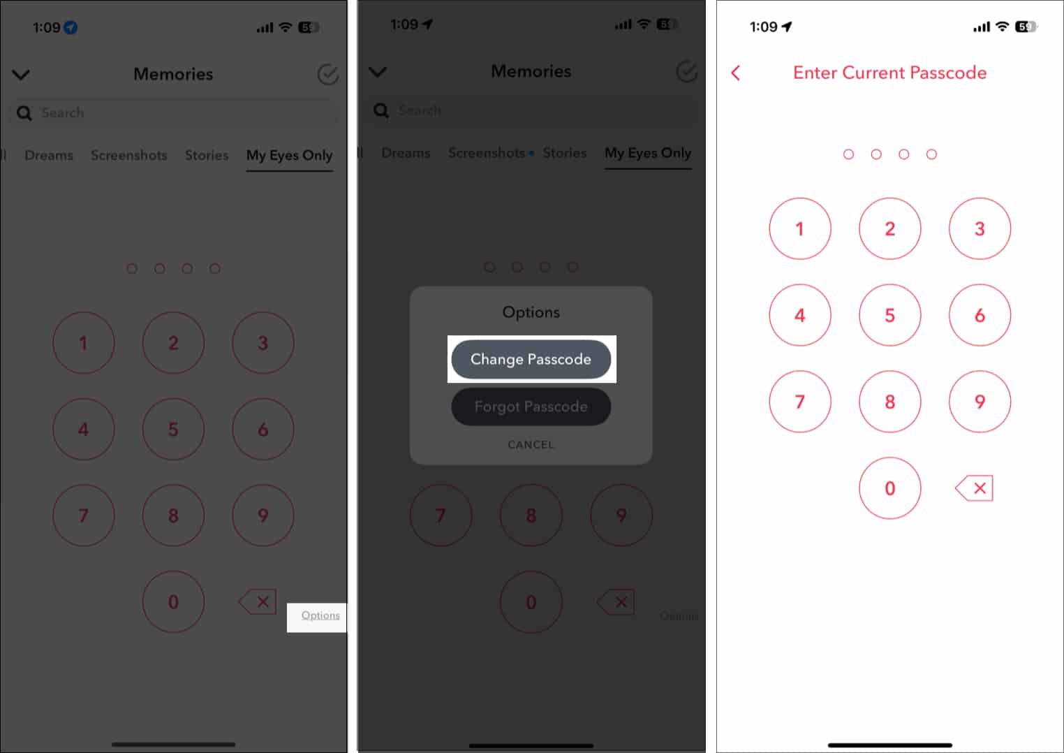 Tryck på Alternativ och välj Ändra lösenord från avsnittet My Eyes Only på Snapchat