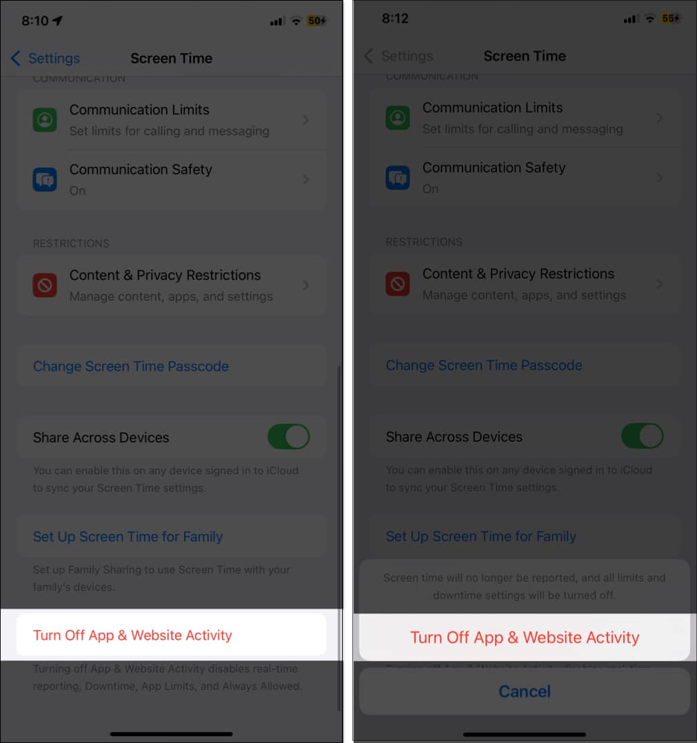 Tap on Turn off App  Website Activity to disable Screen Time on iPhone