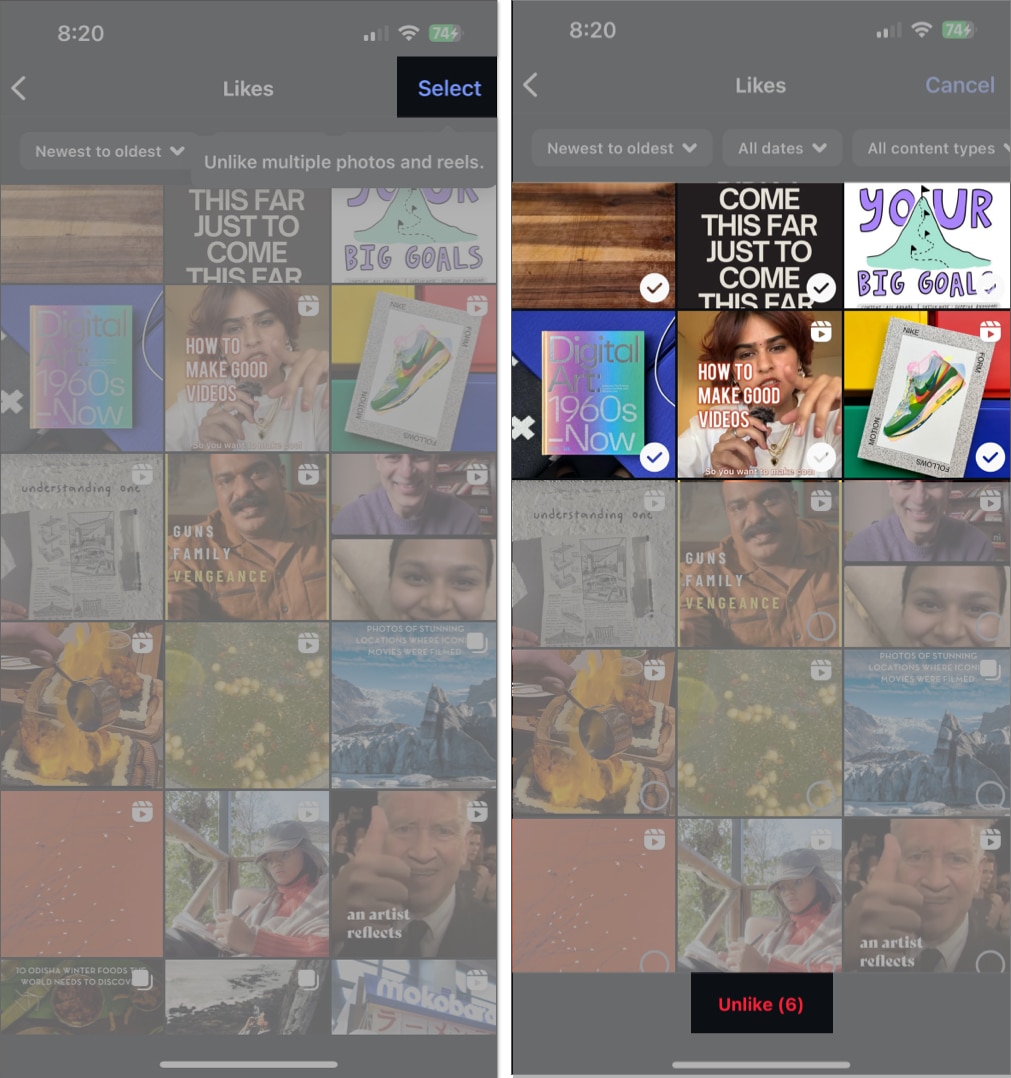 Selecting liked items to unlike in Instagram on an iPhone