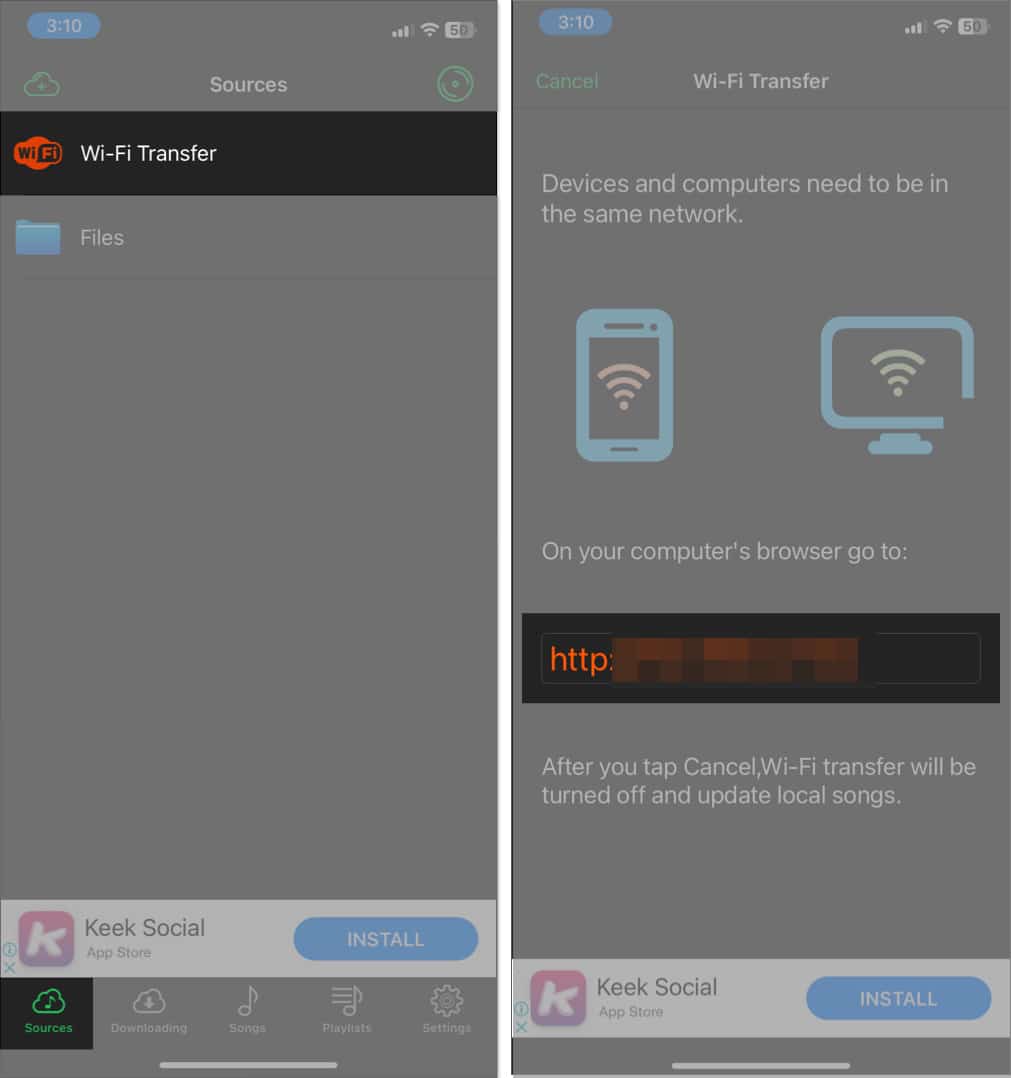 Tap on WiFi Transfer in Cloud Music Player app on iPhone