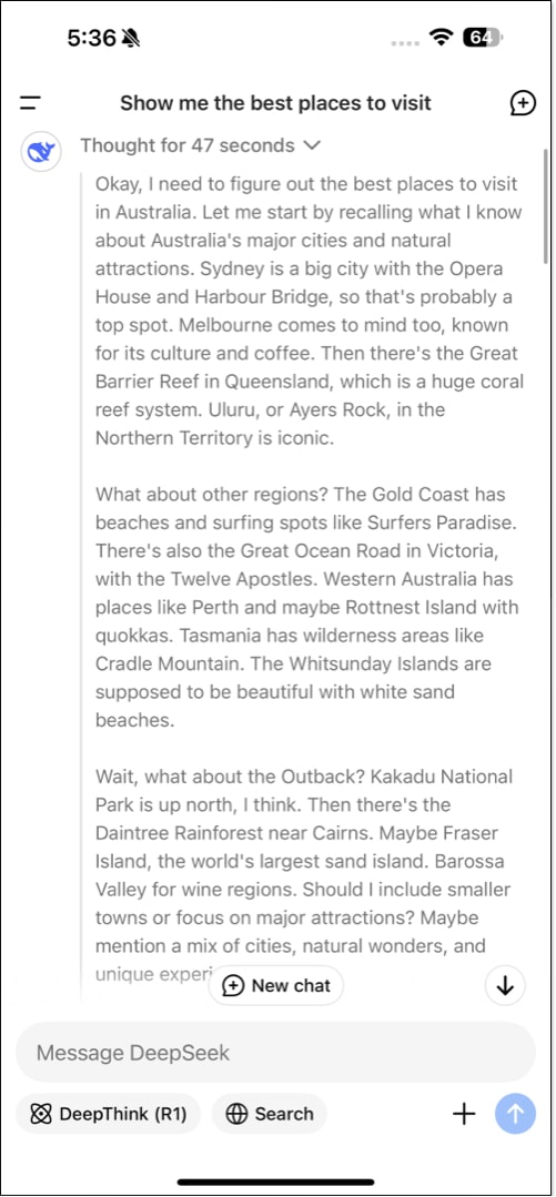 DeepSeek app showing its thought process for a response