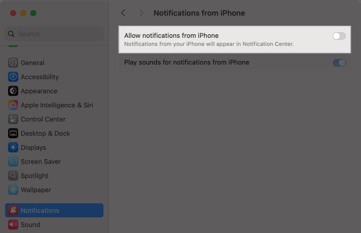 Toggling off the Allow Notifications from iPhone option in the System Settings app on a Mac