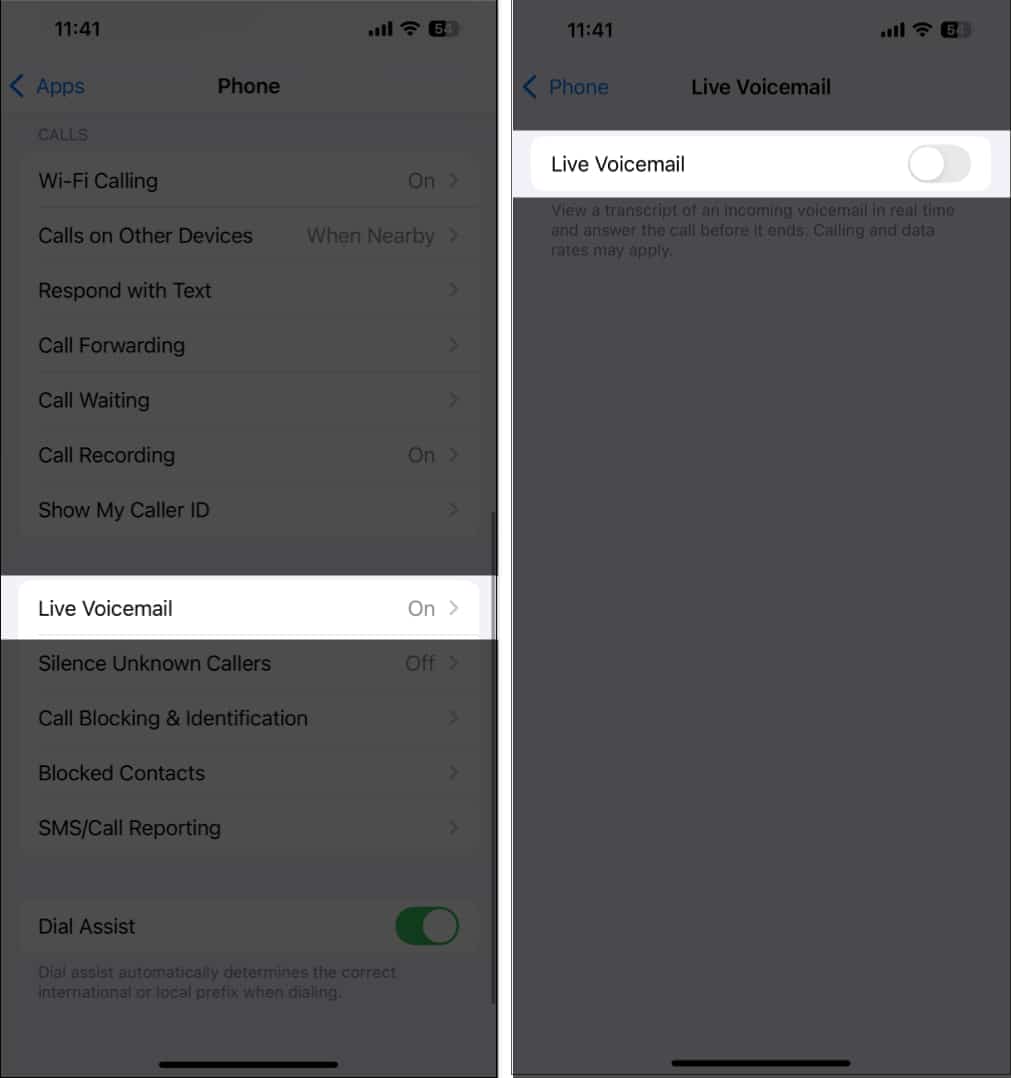 Toggling off the Live Voicemail option on an iPhone