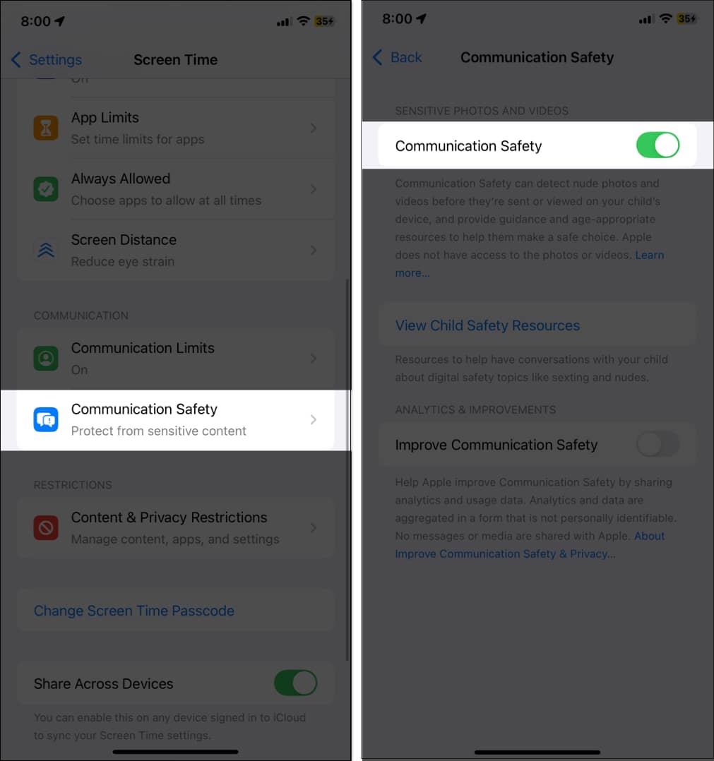 Toggling on Communication Safety on iPhone