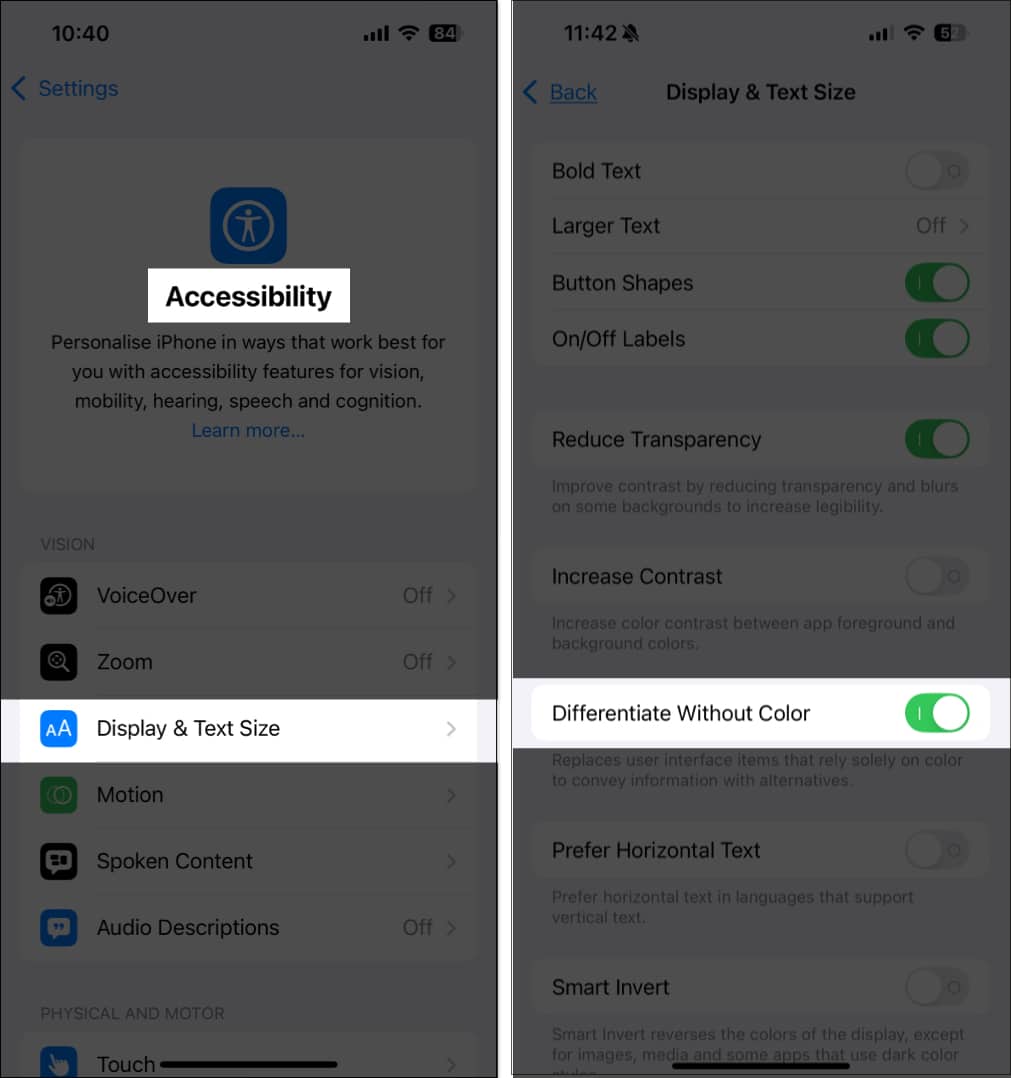 Toggling on the Differentiate Without Color option in iPhone Settings app