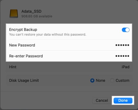 Toggling on the Encrypt Backup option and creating a disk password