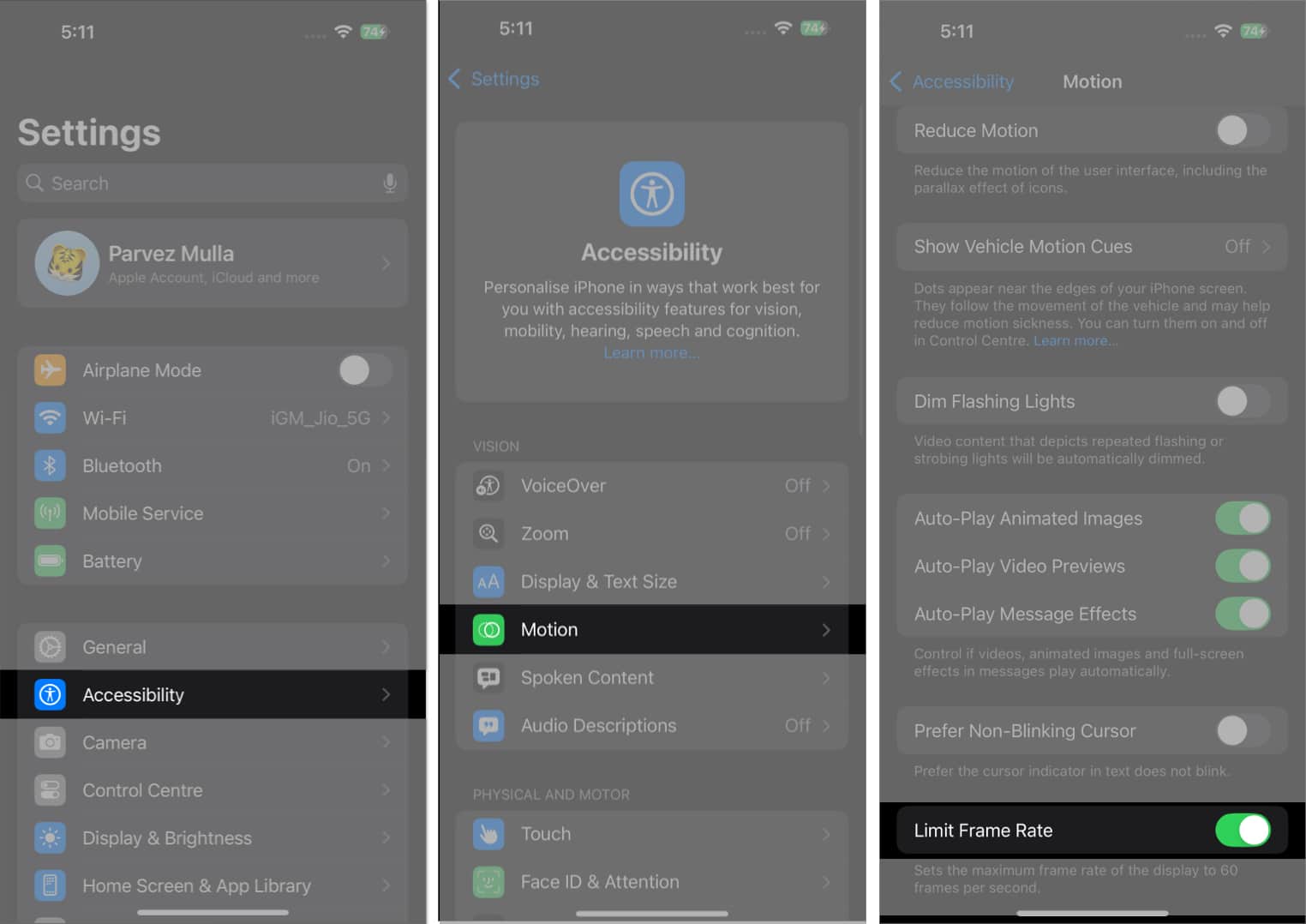 Toggling on the Limit Frame Rate option under Accessibility settings on an iPhone