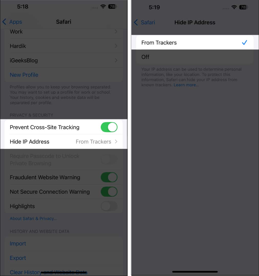 Toggling on Prevent Cross Site Tracking and selecting From Trackers option for Hide IP Address on an iPhone