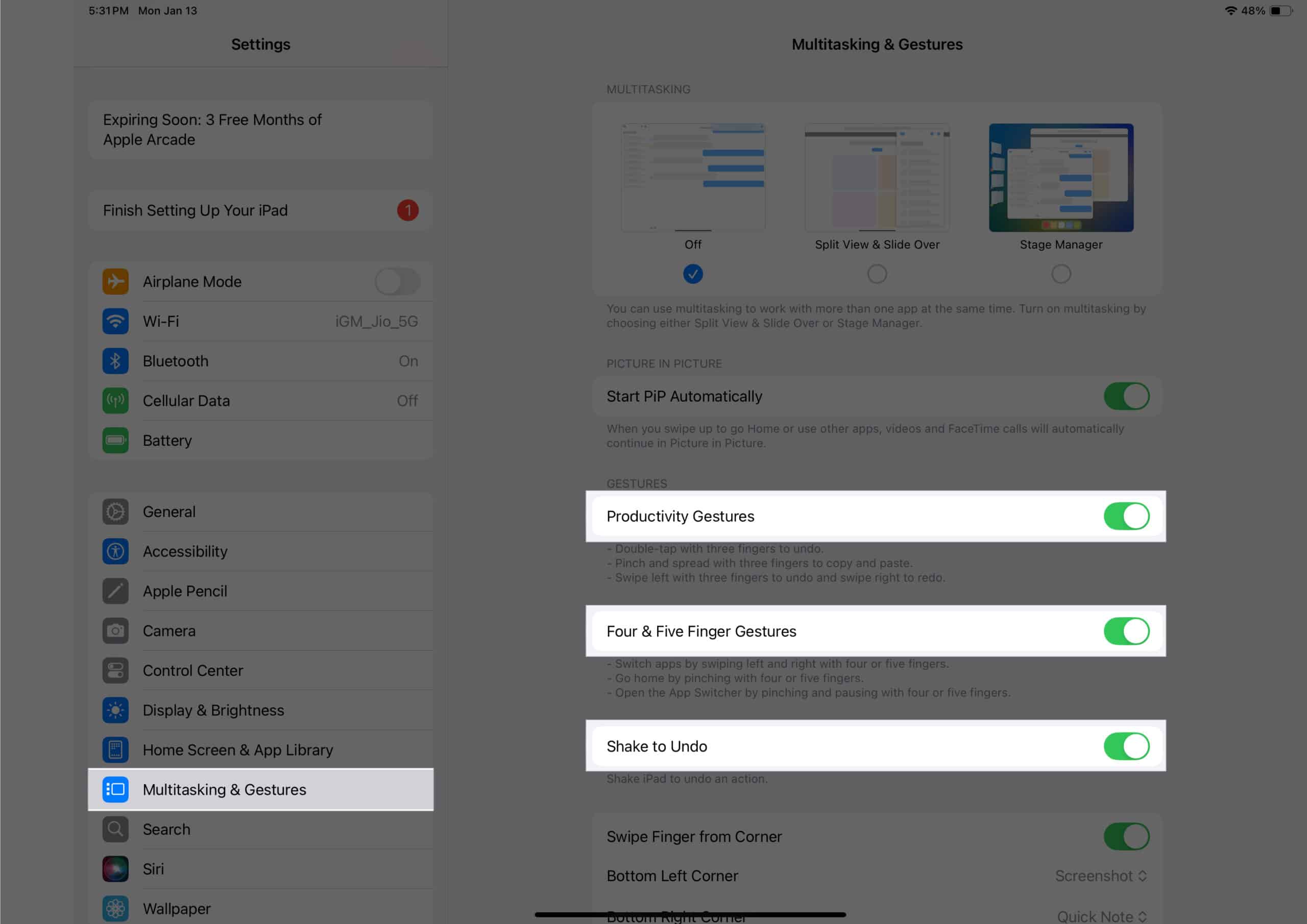 Toggling on Productivity Gestures Four Five Gestures and Swipe finger from Corner in iPadOS Settings app