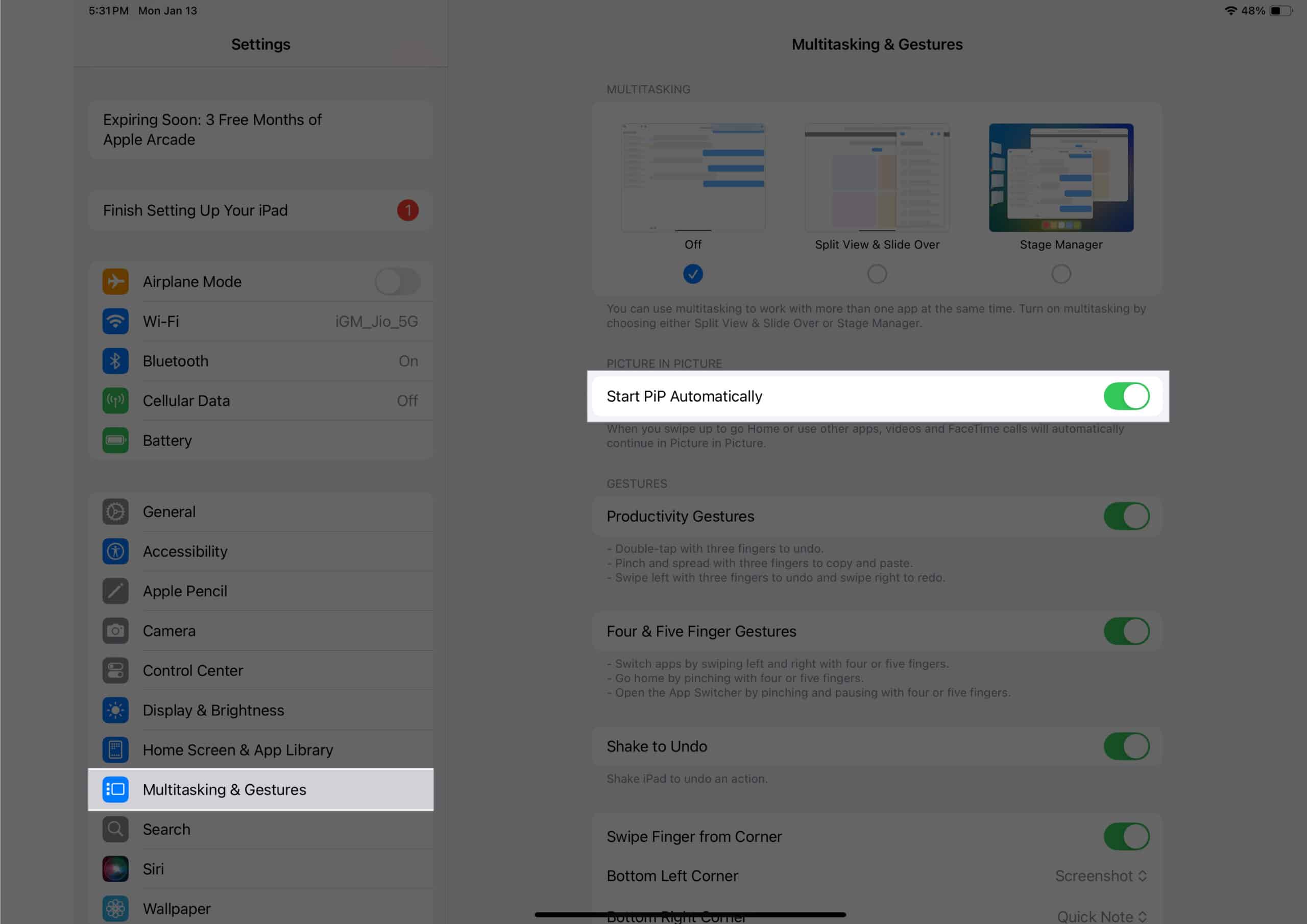 Växla på alternativet Starta PiP automatiskt från inställningarna för Multitasking Gestures på en iPad
