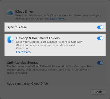 Toggling on Sync this Mac and Desktop Documents folders options under iCloud Drive settings