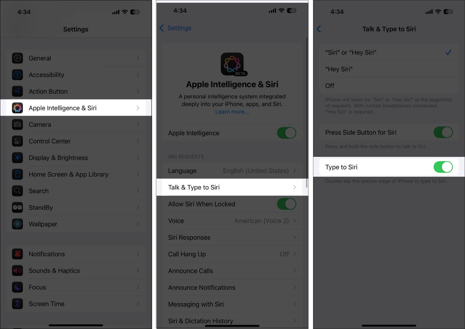 Toggling on Type to Siri from Apple Intelligence  Siri settings page on an iPhone