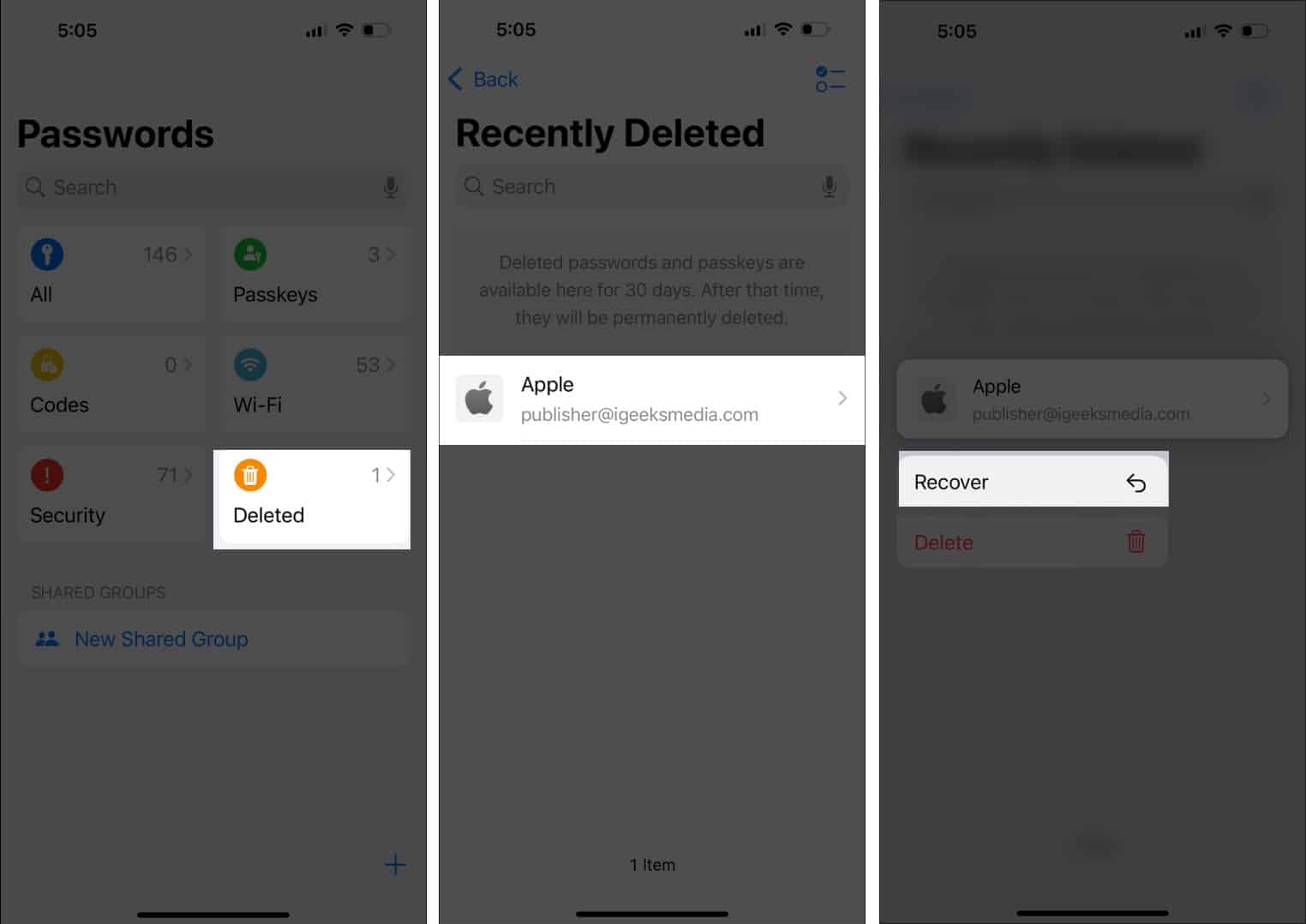 Access Deleted passwords in the Passwords app with Face ID and recover credentials on iPhone