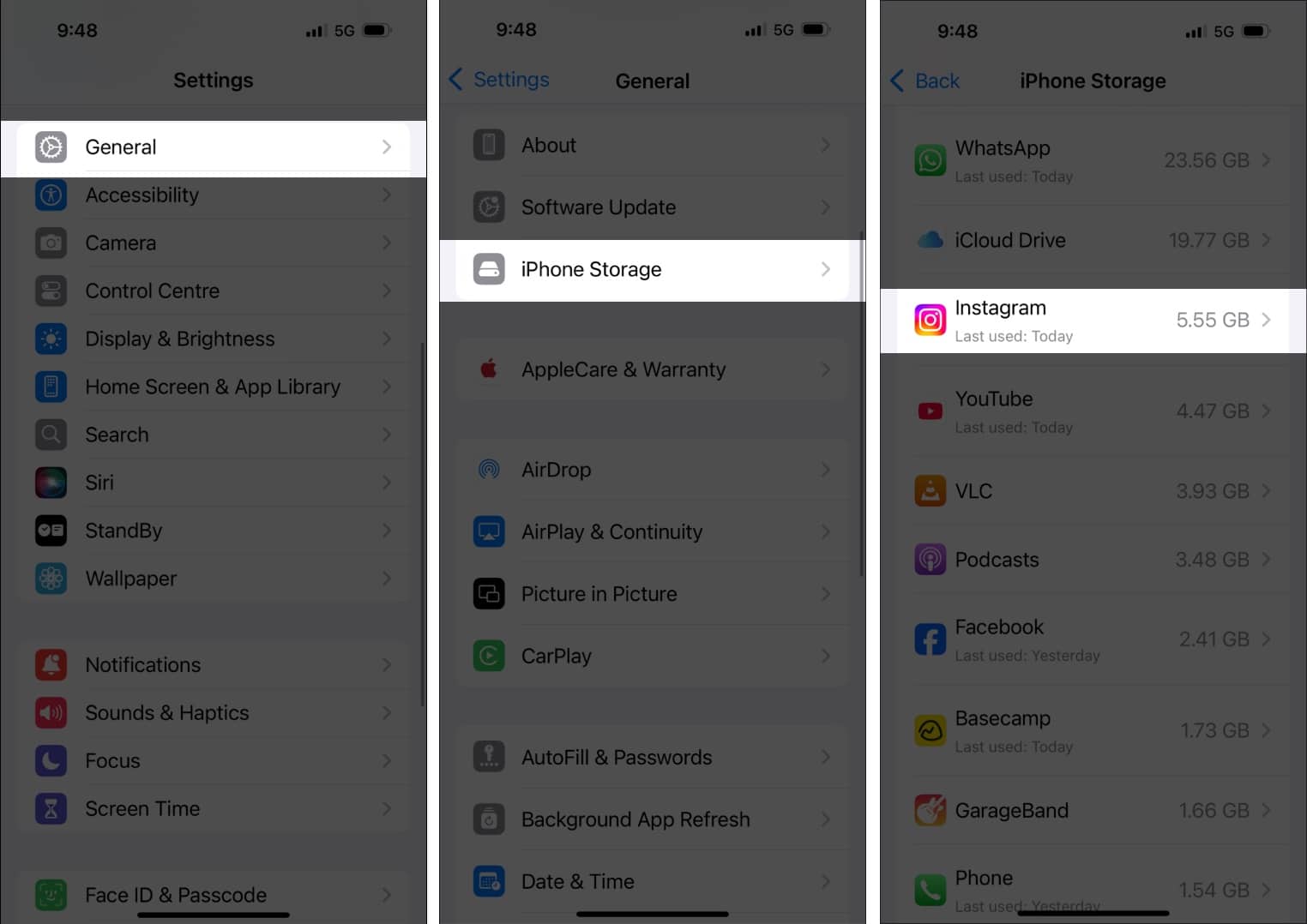 Finding and selecting an app to offload from the iPhone Storage page