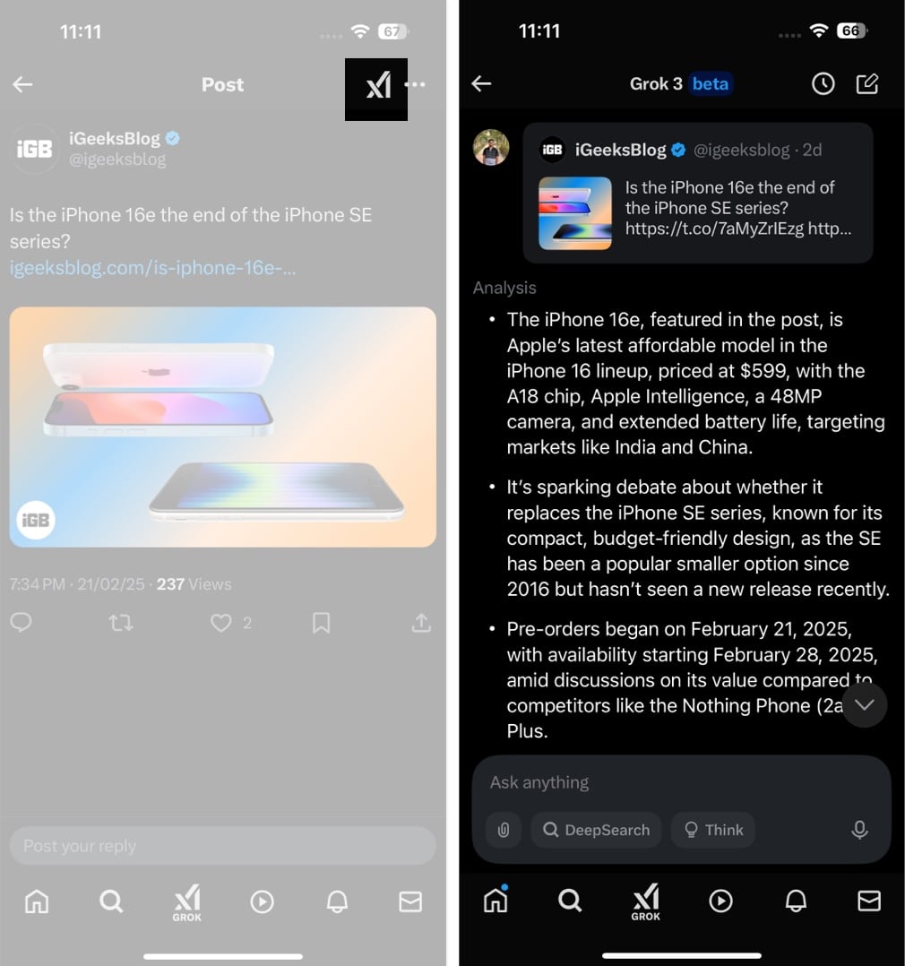 Asking Grok to analyze or answer related questions about any post on X on an iPhone