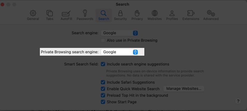 Click Dropdown menu next to Private Browsing search engine in Safari settings on Mac