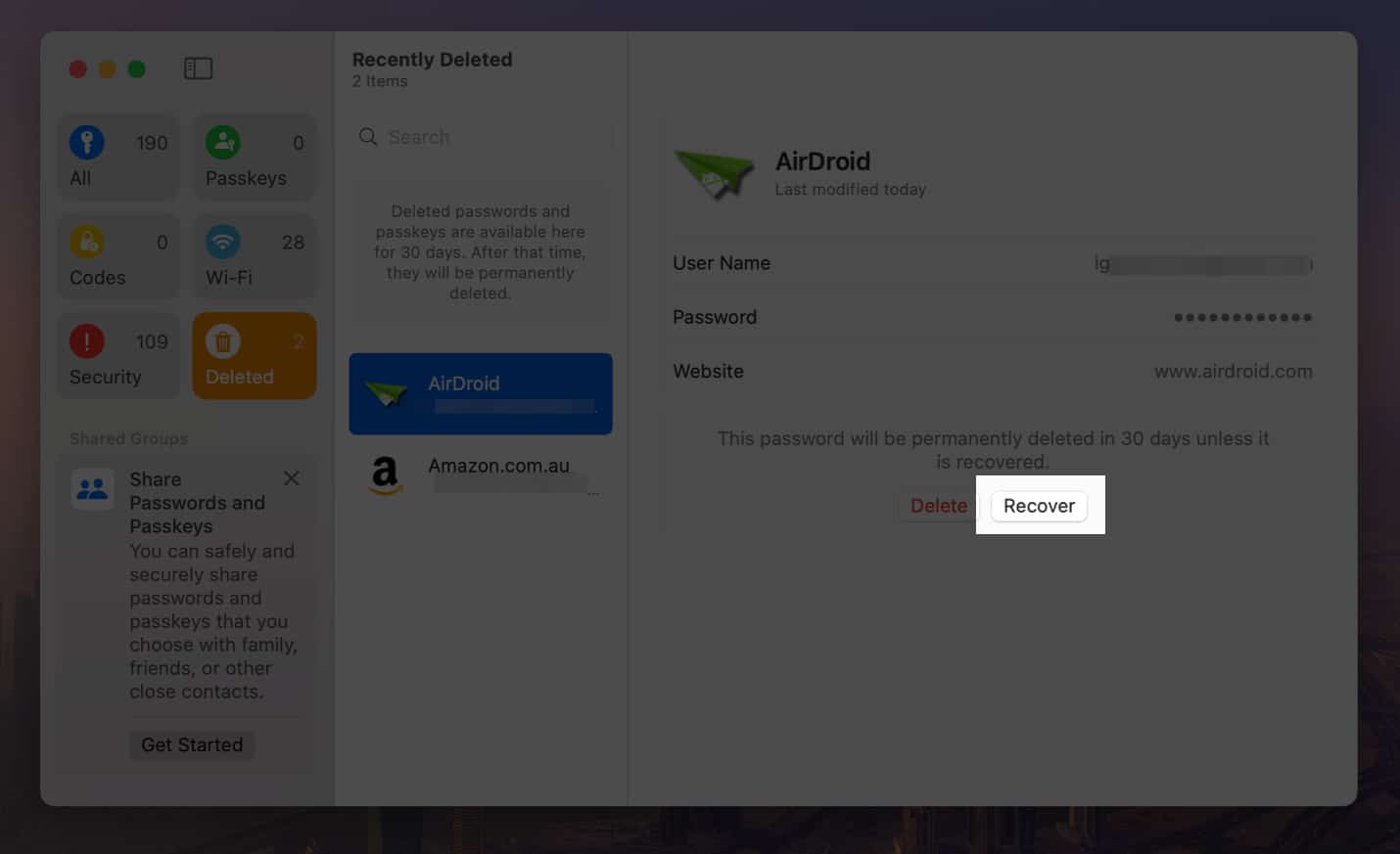 Click Recover to restore recently deleted password on Mac