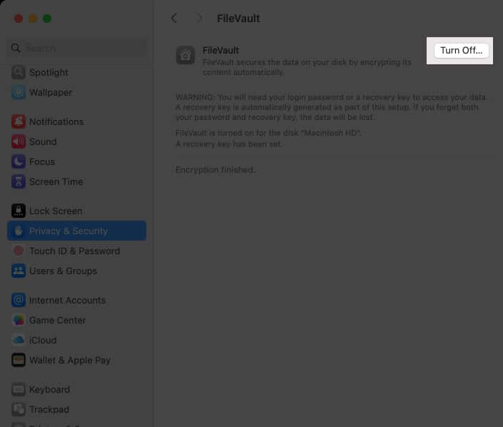 Turning off the FileVault feature on a Mac