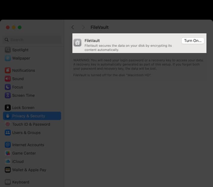 Turning on the FileVault feature on a Mac