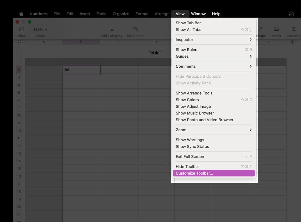 Click View in Mac menu bar in Numbers toolbar and select Customize Toolbar