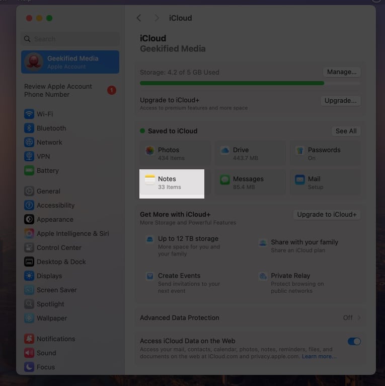 Click on Notes under Saved to iCloud in Mac iCloud Settings