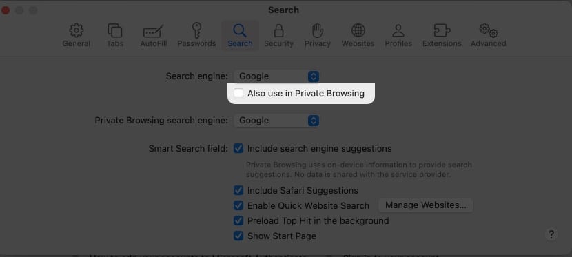 Deselect Also use in Private Browsing checkbox in Safari Settings on Mac