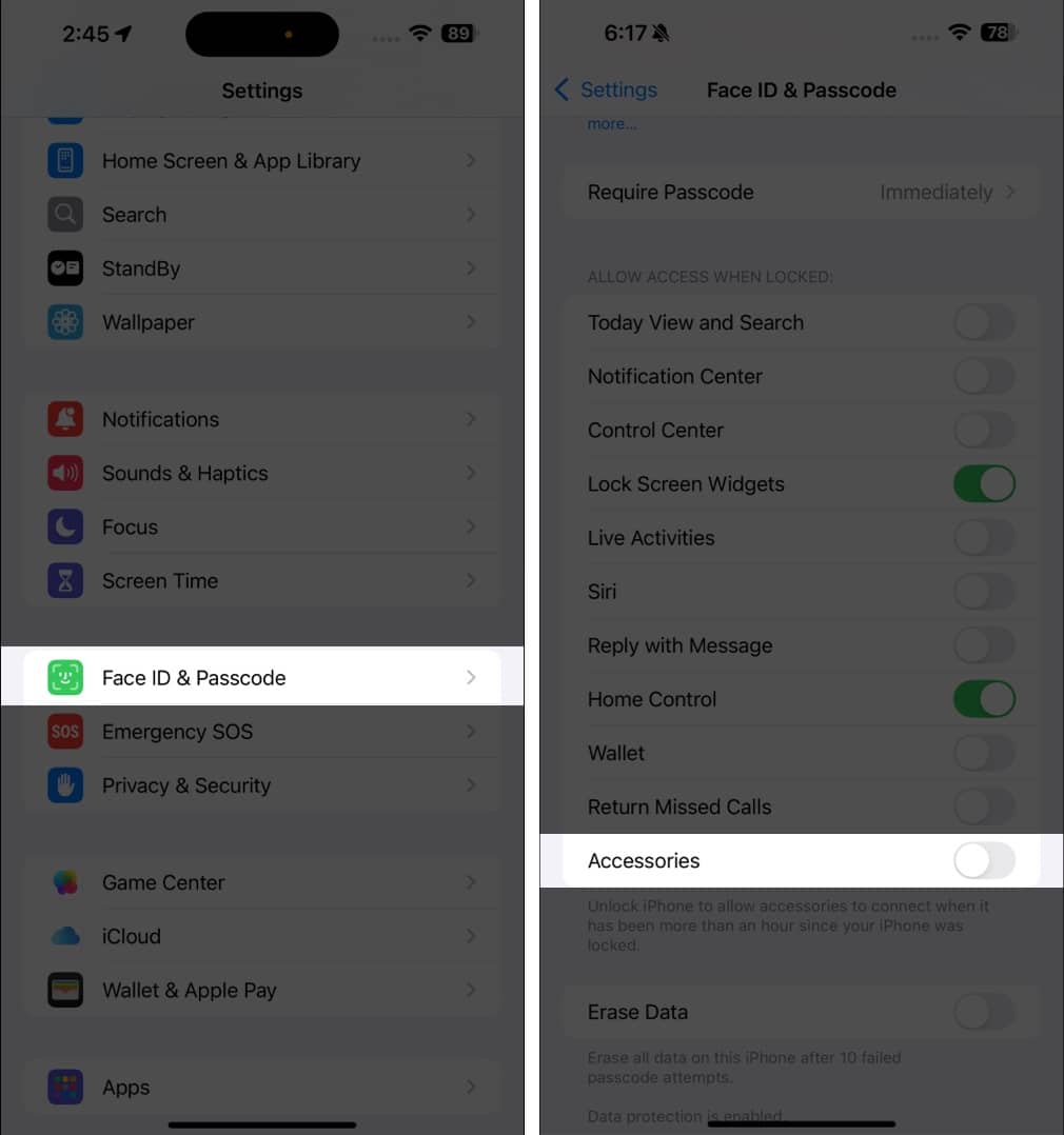 Disabling the Accessories access option in iPhone Settings