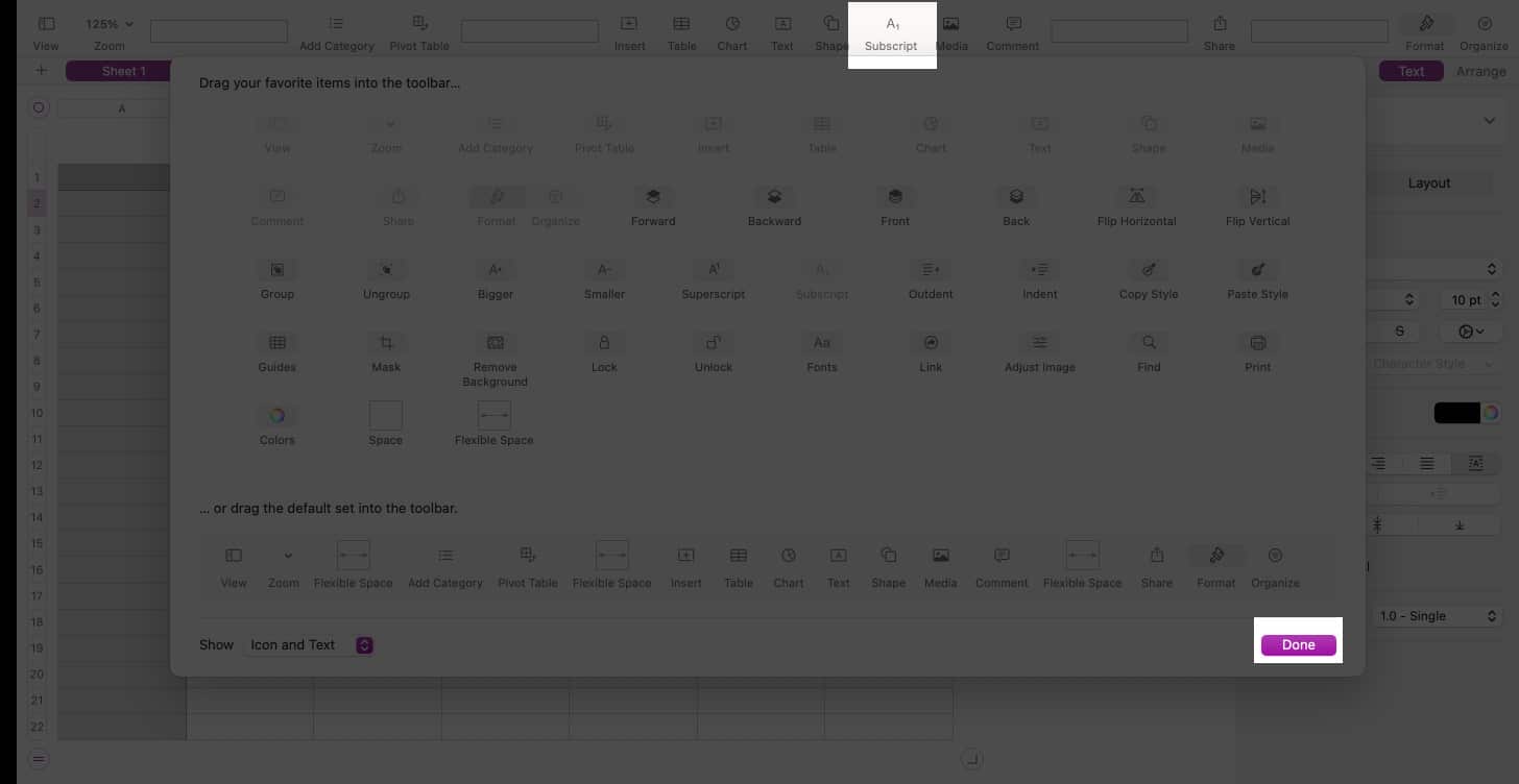 Drag Superscript or Subscript icon to Numbers toolbar and click Done