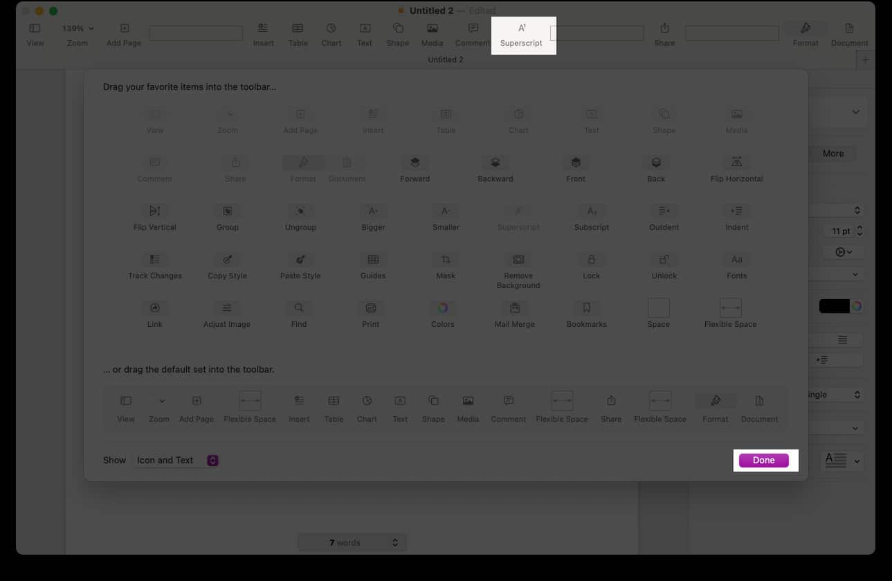 Dra SuperScript eller Subscript -ikon till sidorverktygsfältet och klicka på gjort
