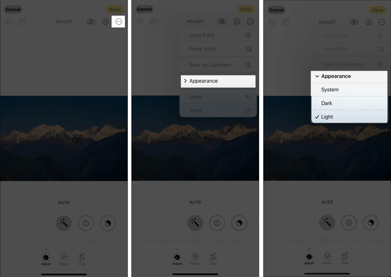 Edit media in light and dark theme on iPhone