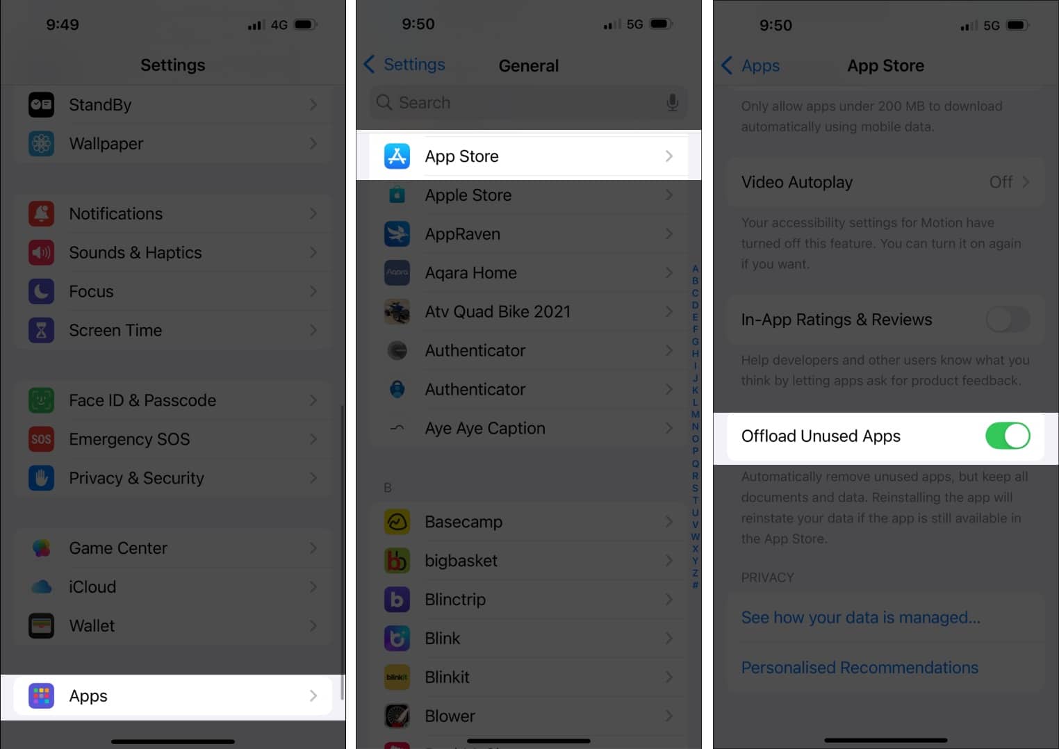 Enabling the Offload Unused Apps option under App Store settings on an iPhone