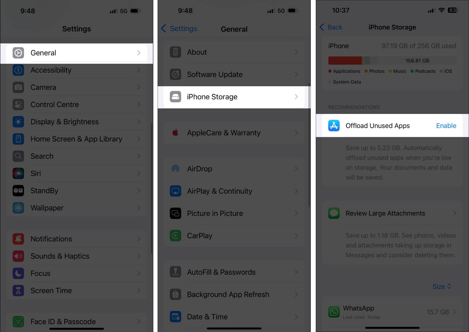 Enabling the Offload Unused Apps option from the iPhone Storage page on an iPhone