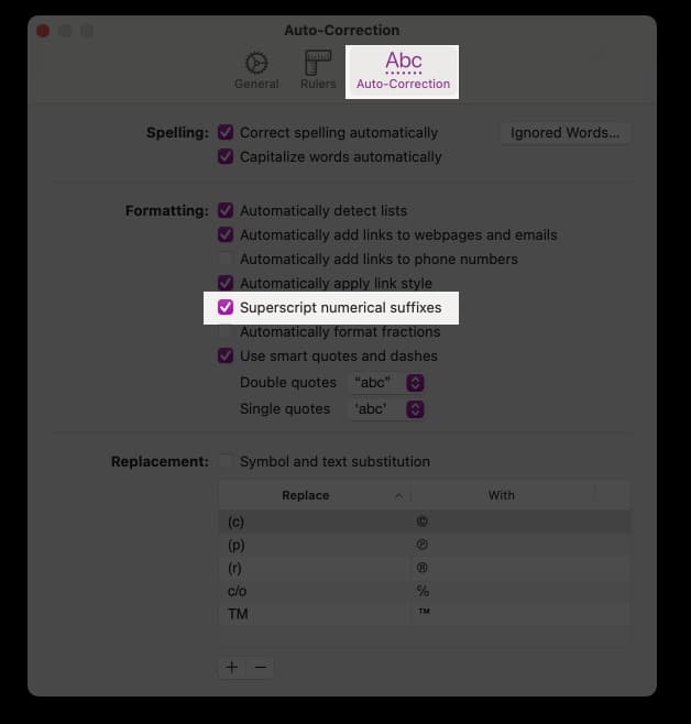 Aktivera SuperScript -numeriska suffix på sidor på MAC