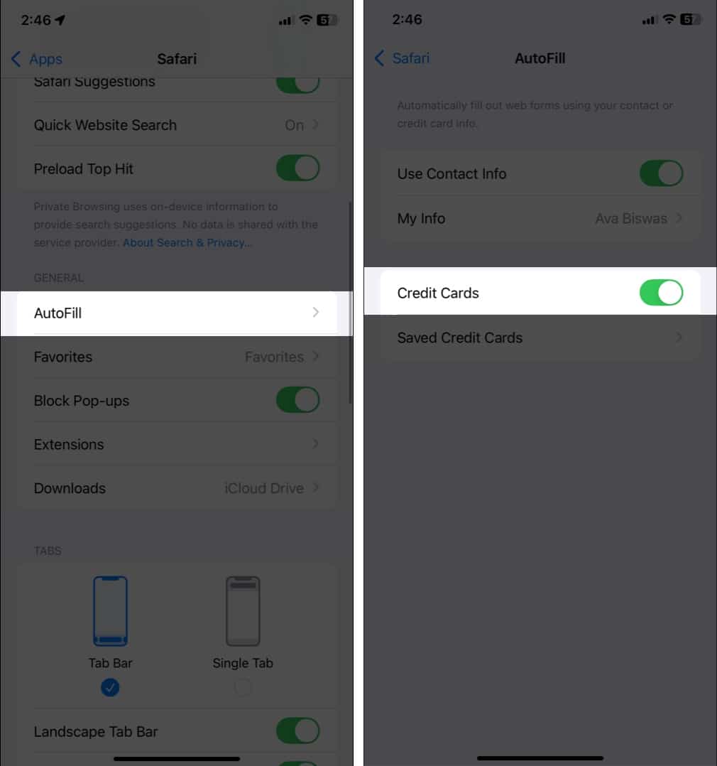 Pergi ke tetapan safari ketik autofill dan aktifkan kad kredit